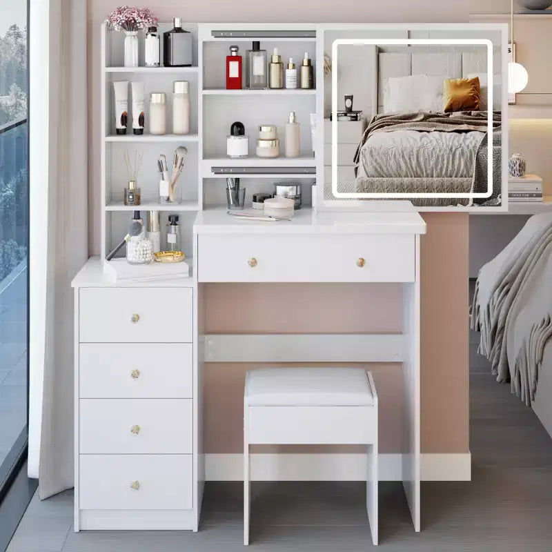 Set Toeletta Tavolo da Trucco 40 di Grandi Dimensioni Mobiletto Comodino Sinistro Tavolo da Trucco+Sgabello Imbottito Set Cassettiera