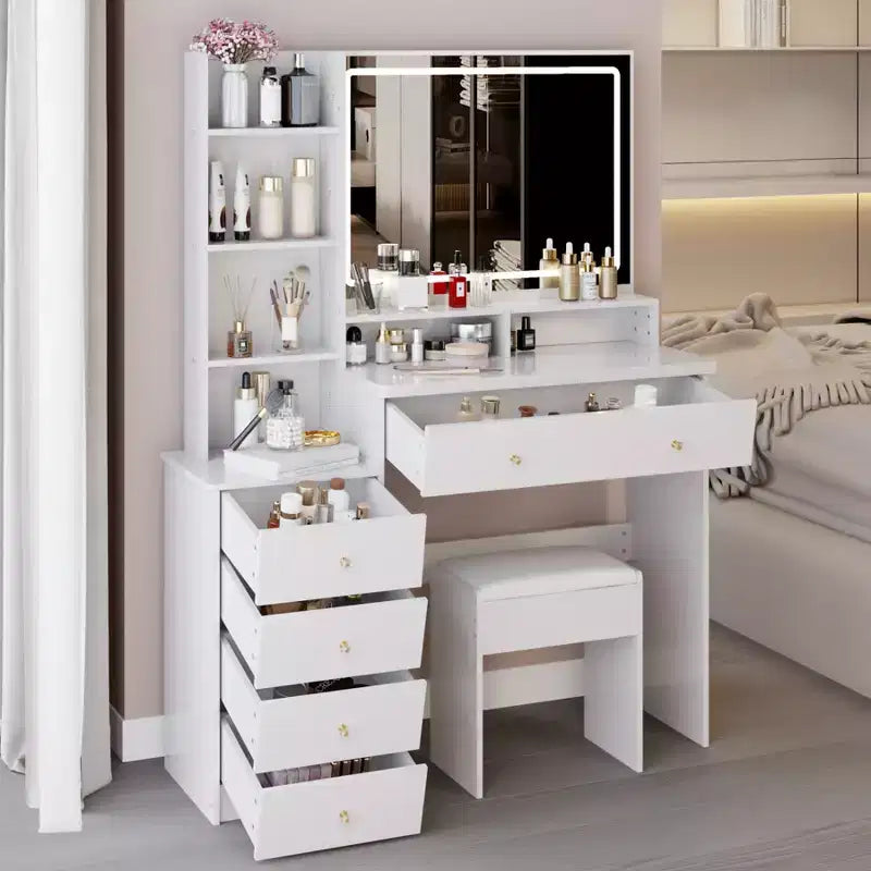 Set Toeletta Tavolo da Trucco 40 di Grandi Dimensioni Mobiletto Comodino Sinistro Tavolo da Trucco+Sgabello Imbottito Set Cassettiera