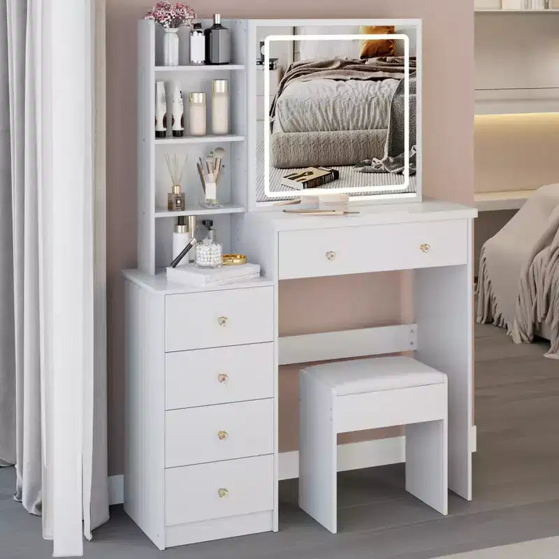 Set Toeletta Tavolo da Trucco 40 di Grandi Dimensioni Mobiletto Comodino Sinistro Tavolo da Trucco+Sgabello Imbottito Set Cassettiera