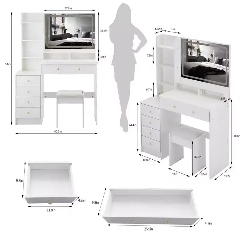 Set Toeletta Tavolo da Trucco 40 di Grandi Dimensioni Mobiletto Comodino Sinistro Tavolo da Trucco+Sgabello Imbottito Set Cassettiera