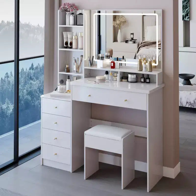 Set Toeletta Tavolo da Trucco 40 di Grandi Dimensioni Mobiletto Comodino Sinistro Tavolo da Trucco+Sgabello Imbottito Set Cassettiera