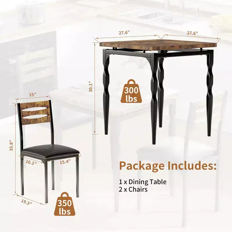 Set Tavolo da Pranzo 3 Pezzi per 2, Set Tavolo da Cucina da 27 pollici con Gamba a Spirale, Tavolo e Sedie da Cucina Quadrati in Legno, Tavolo da Colazione Salvaspazio per Cucina