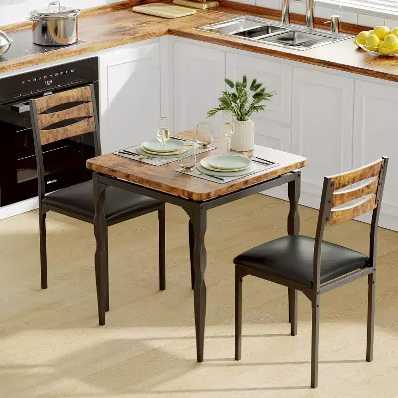 Set Tavolo da Pranzo 3 Pezzi per 2, Set Tavolo da Cucina da 27 pollici con Gamba a Spirale, Tavolo e Sedie da Cucina Quadrati in Legno, Tavolo da Colazione Salvaspazio per Cucina