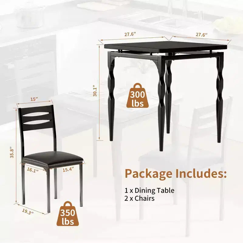 3 Piece Dining Table Set for 2, 27 Kitchen Table Set with Spiral Leg, Wooden Square Kitchen Table & Chairs, Space Saving Breakfast Table for Kitchen
