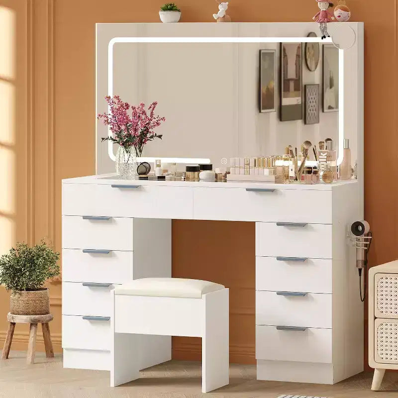 Toeletta con specchio grande e luci, set tavolo da trucco con piano in vetro, presa di corrente, sgabello, tavolo da trucco per camera da letto