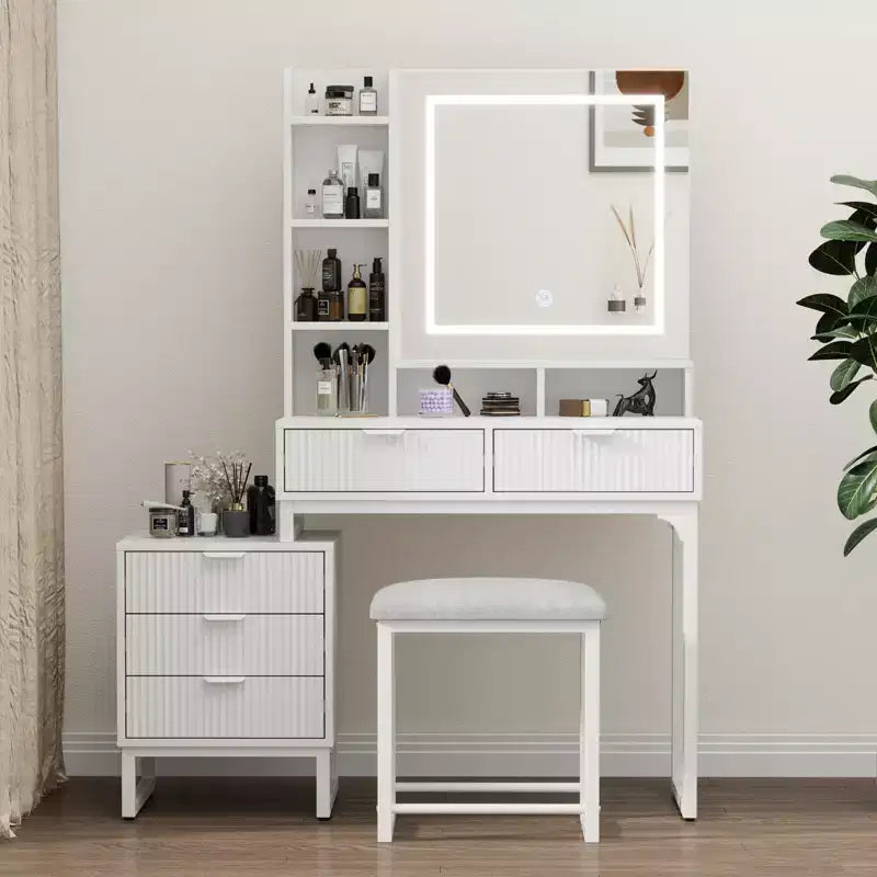 Toeletta con specchio e luci, Toeletta per il trucco con specchio scorrevole illuminato, Set tavolo da trucco con 4 cassetti, Sgabello imbottito