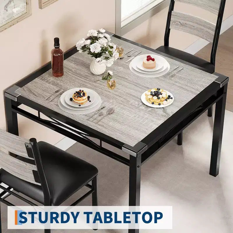 Set da tavolo da pranzo per 2, tavolo da cucina in legno con sedie imbottite, gambe robuste in metallo, telai in acciaio rinforzato, con angolo anticollisione