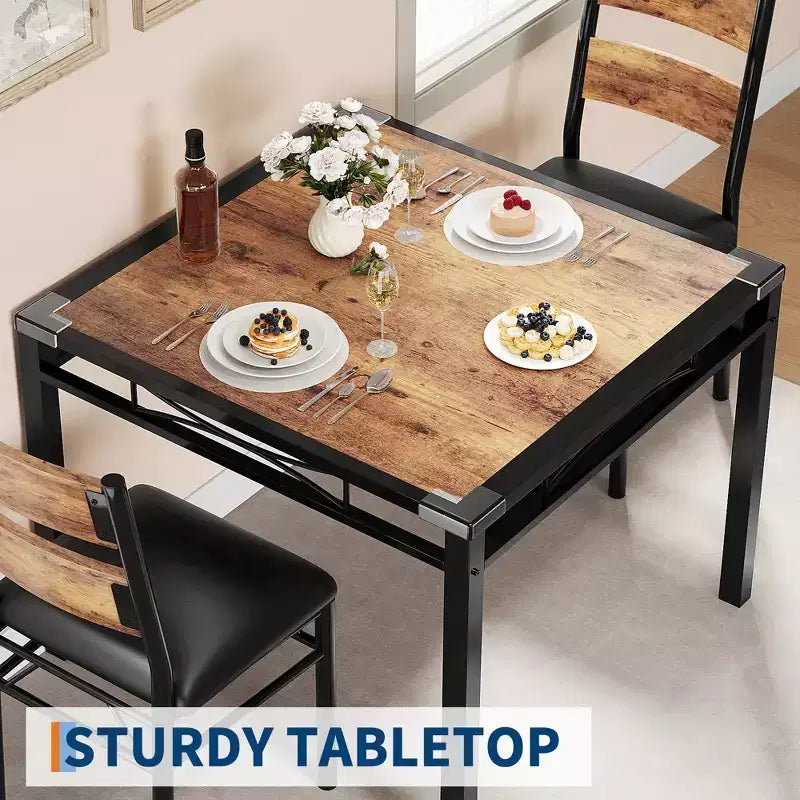 Set da tavolo da pranzo per 2, tavolo da cucina in legno con sedie imbottite, gambe robuste in metallo, telai in acciaio rinforzato, con angolo anticollisione