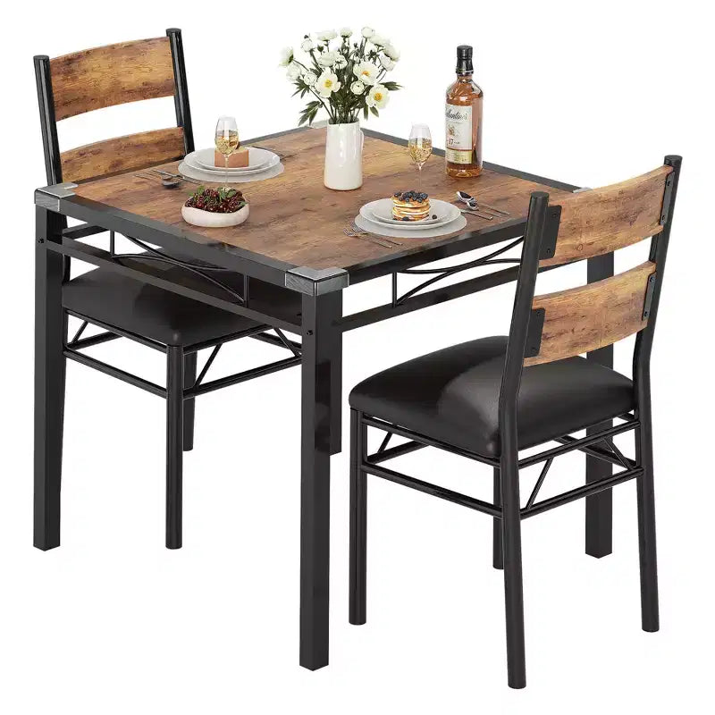 Dining Table Set for 2, Wood Kitchen Table with Upholstered Chairs, Sturdy Metal Legs, Thickened Steel Frames, w/Collision Angle