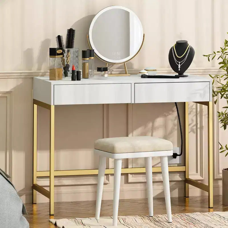 Okak Tavolino da Toeletta Moderno con Specchio e Porte USB, Piccola Scrivania da Trucco con Cassetti di Grande Capacità, Tavolo Trucco per Camere da Letto