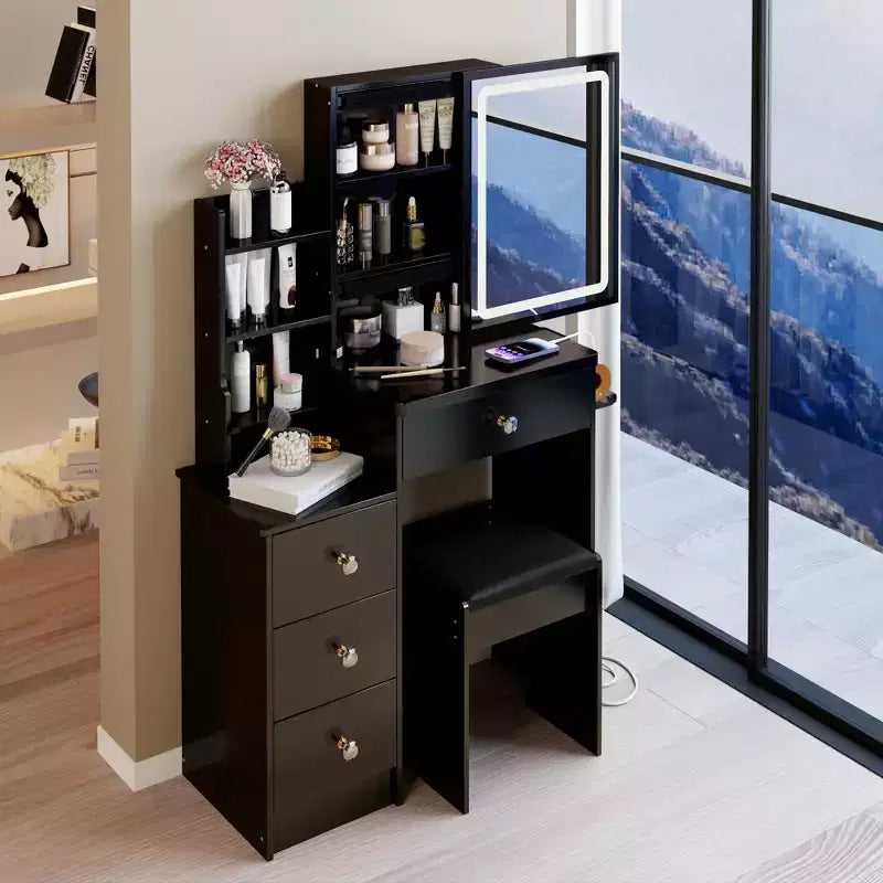 Comodino moderno Okak, toeletta con specchio LED Touch Control, scrittoio con sgabello imbottito, set tavolo da trucco per camere da letto