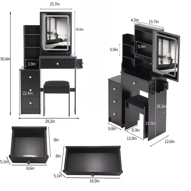 Comodino moderno Okak, toeletta con specchio LED Touch Control, scrittoio con sgabello imbottito, set tavolo da trucco per camere da letto