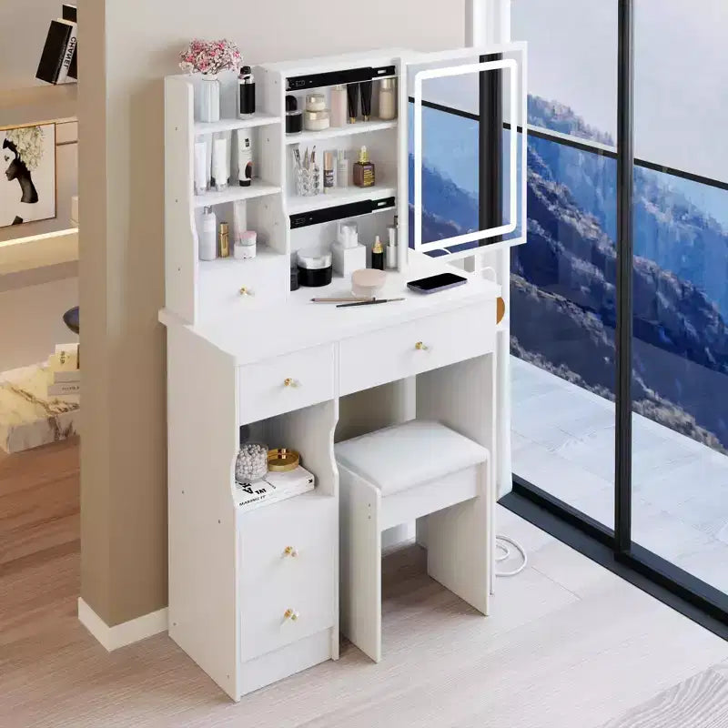 Comodino moderno Okak, toeletta con specchio LED Touch Control, scrittoio con sgabello imbottito, set tavolo da trucco per camere da letto