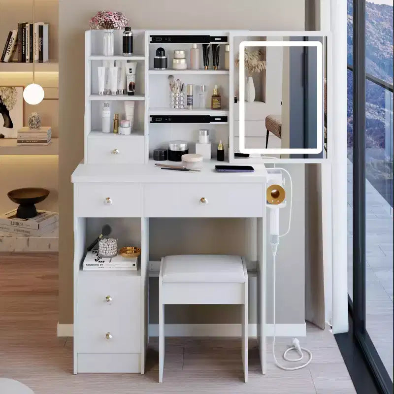 Comodino moderno Okak, toeletta con specchio LED Touch Control, scrittoio con sgabello imbottito, set tavolo da trucco per camere da letto