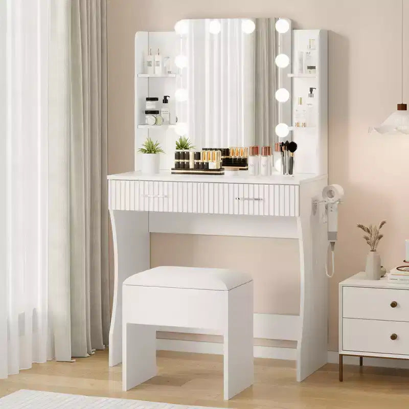Garvee Toeletta Trucco con Specchio e 12 Luci LED, Tavolo da Trucco Moderno con Portaphon e Sgabello per Camera da Letto