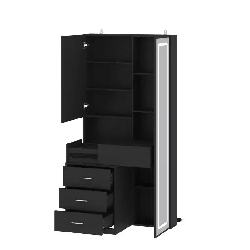 Mobile toeletta elegante Famapy con specchio LED a figura intera e cassetti divisori, mobile contenitore bianco/nero/rosa, organizer spazioso per il trucco in camera da letto