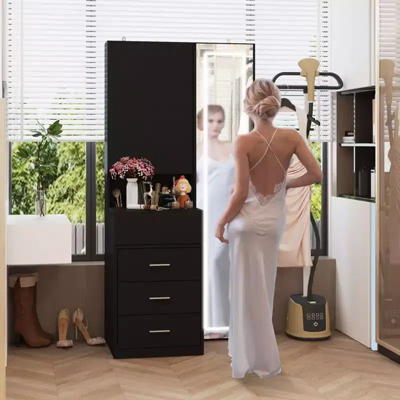 Mobile toeletta elegante Famapy con specchio LED a figura intera e cassetti divisori, mobile contenitore bianco/nero/rosa, organizer spazioso per il trucco in camera da letto
