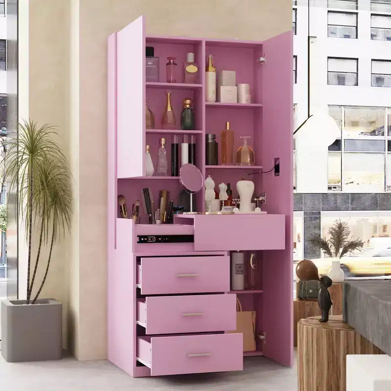 Mobile toeletta elegante Famapy con specchio LED a figura intera e cassetti divisori, mobile contenitore bianco/nero/rosa, organizer spazioso per il trucco in camera da letto