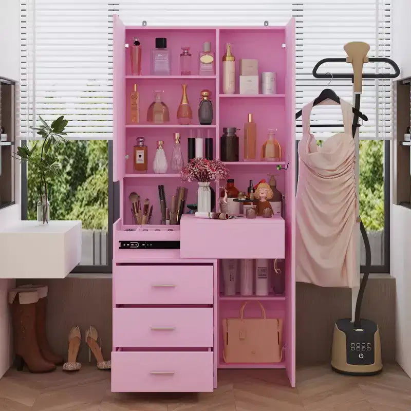 Mobile toeletta elegante Famapy con specchio LED a figura intera e cassetti divisori, mobile contenitore bianco/nero/rosa, organizer spazioso per il trucco in camera da letto