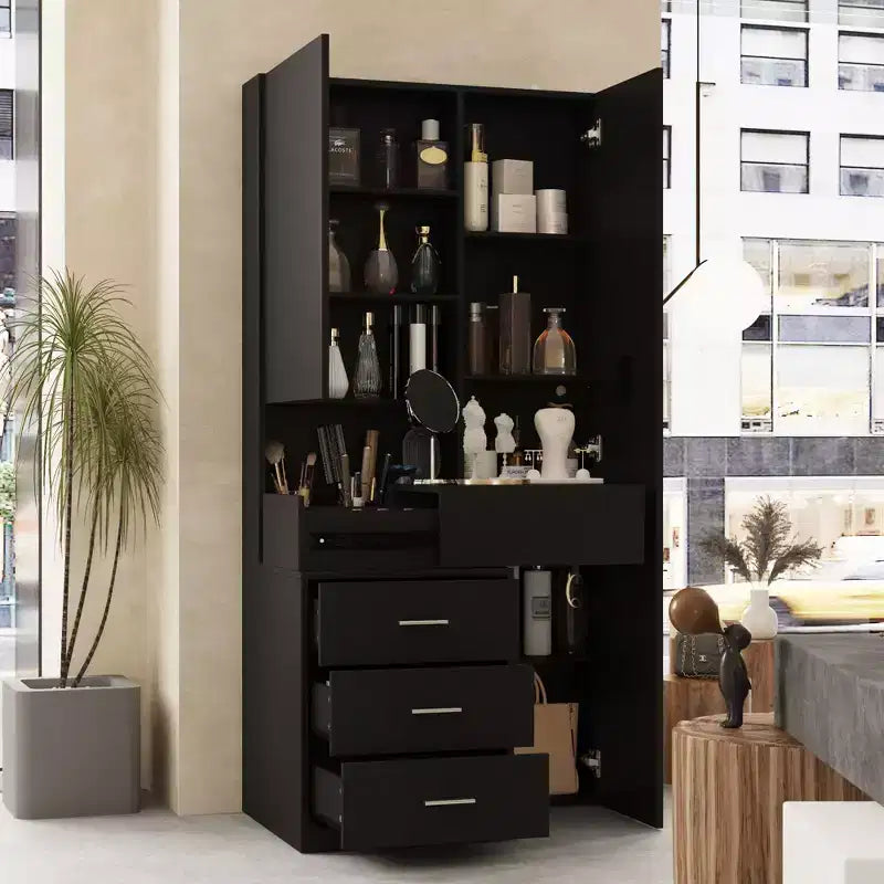 Mobile toeletta elegante Famapy con specchio LED a figura intera e cassetti divisori, mobile contenitore bianco/nero/rosa, organizer spazioso per il trucco in camera da letto