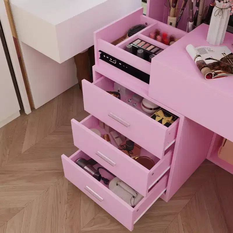 Mobile toeletta elegante Famapy con specchio LED a figura intera e cassetti divisori, mobile contenitore bianco/nero/rosa, organizer spazioso per il trucco in camera da letto