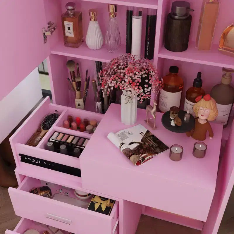 Mobile toeletta elegante Famapy con specchio LED a figura intera e cassetti divisori, mobile contenitore bianco/nero/rosa, organizer spazioso per il trucco in camera da letto