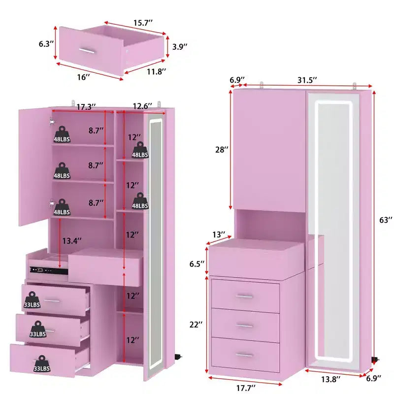Mobile toeletta elegante Famapy con specchio LED a figura intera e cassetti divisori, mobile contenitore bianco/nero/rosa, organizer spazioso per il trucco in camera da letto
