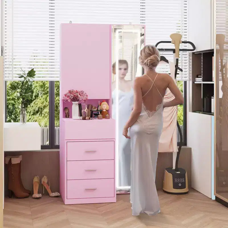 Mobile toeletta elegante Famapy con specchio LED a figura intera e cassetti divisori, mobile contenitore bianco/nero/rosa, organizer spazioso per il trucco in camera da letto