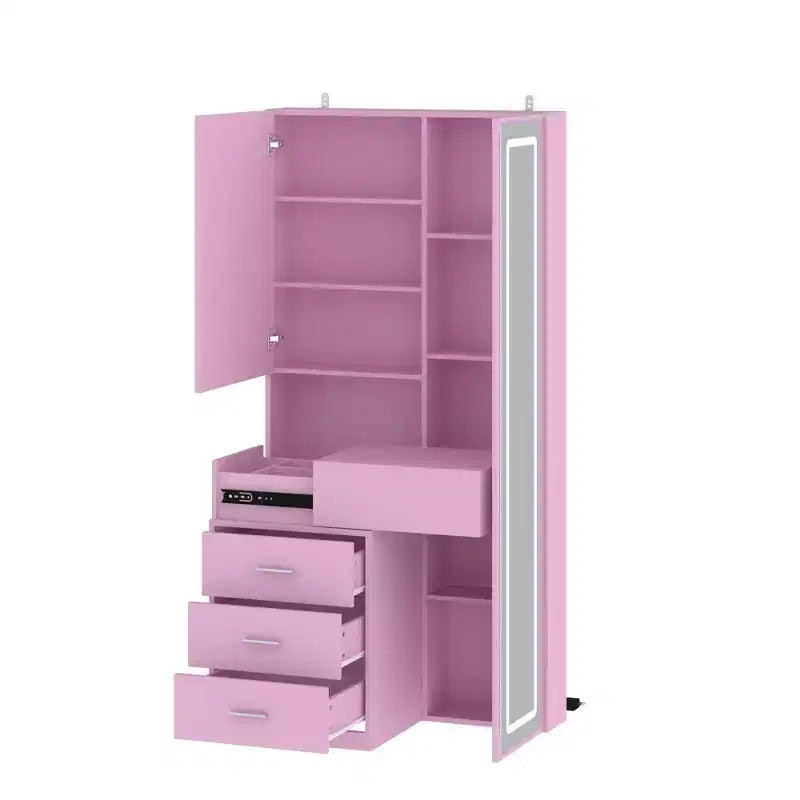 Mobile toeletta elegante Famapy con specchio LED a figura intera e cassetti divisori, mobile contenitore bianco/nero/rosa, organizer spazioso per il trucco in camera da letto