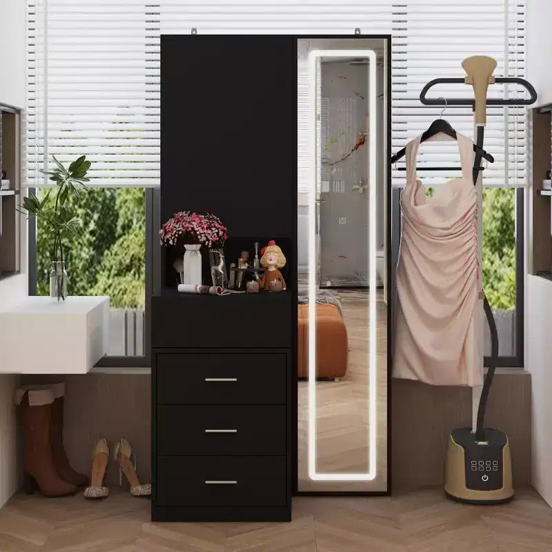 Mobile toeletta elegante Famapy con specchio LED a figura intera e cassetti divisori, mobile contenitore bianco/nero/rosa, organizer spazioso per il trucco in camera da letto