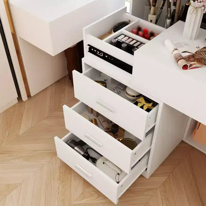 Mobile toeletta elegante Famapy con specchio LED a figura intera e cassetti divisori, mobile contenitore bianco/nero/rosa, organizer spazioso per il trucco in camera da letto