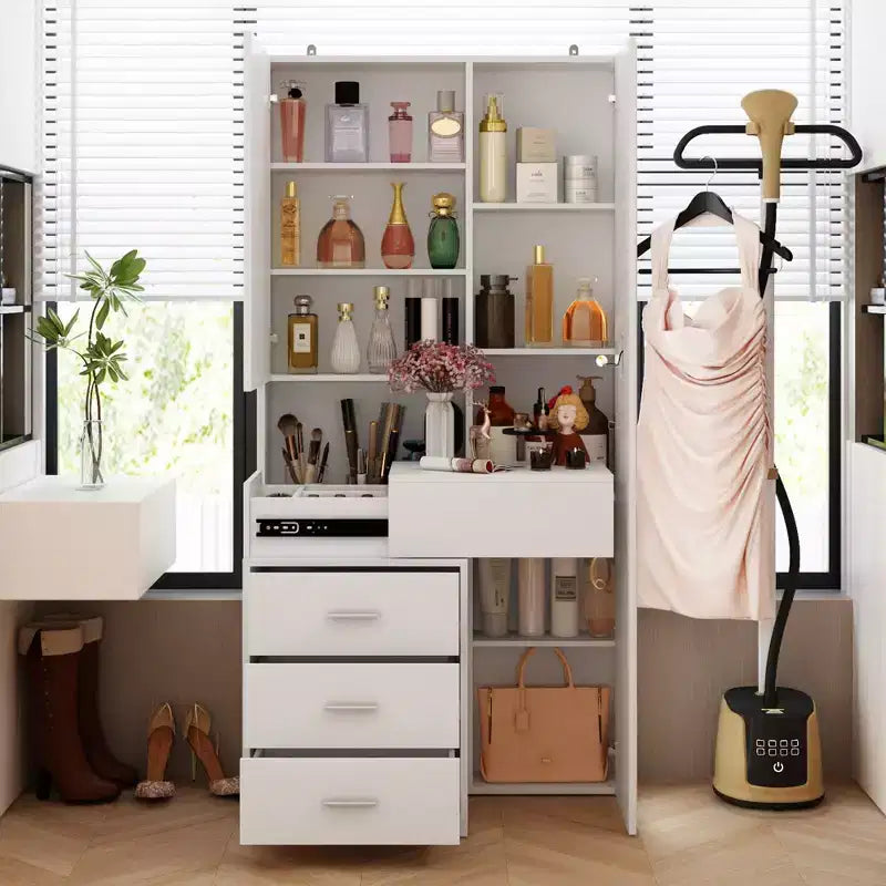 Mobile toeletta elegante Famapy con specchio LED a figura intera e cassetti divisori, mobile contenitore bianco/nero/rosa, organizer spazioso per il trucco in camera da letto