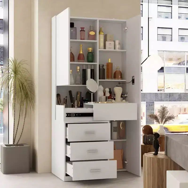 Mobile toeletta elegante Famapy con specchio LED a figura intera e cassetti divisori, mobile contenitore bianco/nero/rosa, organizer spazioso per il trucco in camera da letto
