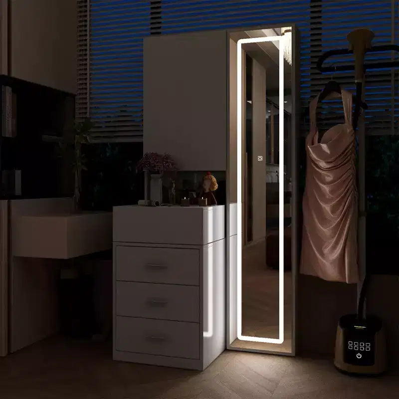 Mobile toeletta elegante Famapy con specchio LED a figura intera e cassetti divisori, mobile contenitore bianco/nero/rosa, organizer spazioso per il trucco in camera da letto