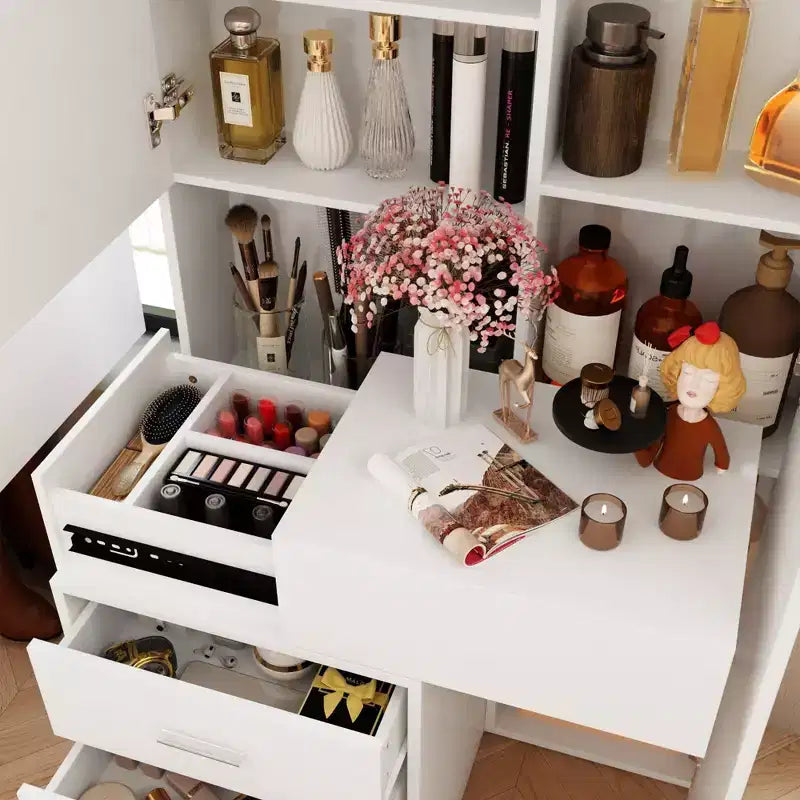 Mobile toeletta elegante Famapy con specchio LED a figura intera e cassetti divisori, mobile contenitore bianco/nero/rosa, organizer spazioso per il trucco in camera da letto
