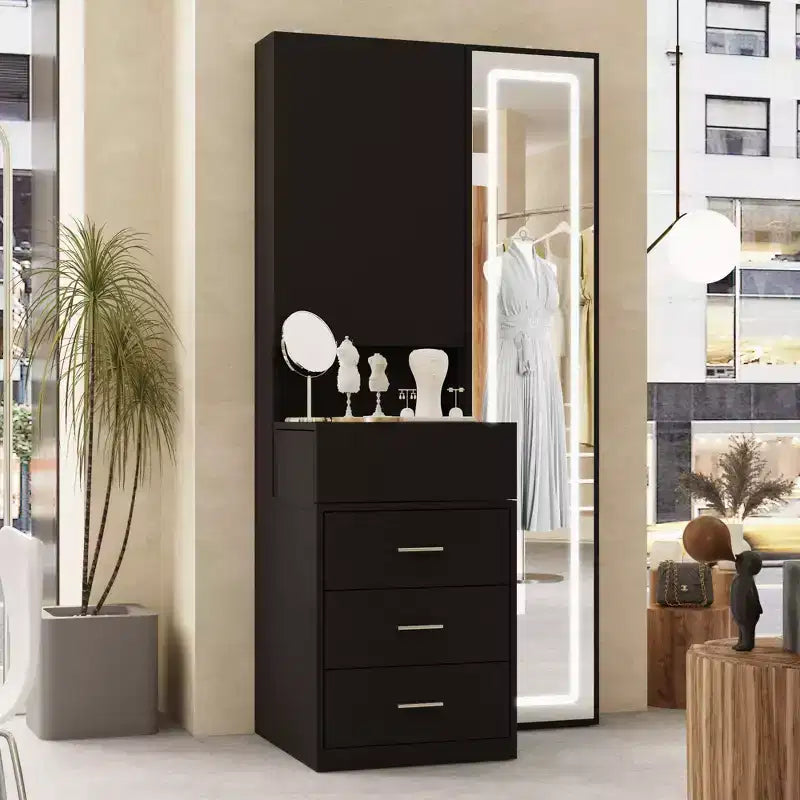Mobile toeletta elegante Famapy con specchio LED a figura intera e cassetti divisori, mobile contenitore bianco/nero/rosa, organizer spazioso per il trucco in camera da letto