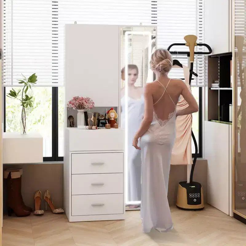 Mobile toeletta elegante Famapy con specchio LED a figura intera e cassetti divisori, mobile contenitore bianco/nero/rosa, organizer spazioso per il trucco in camera da letto