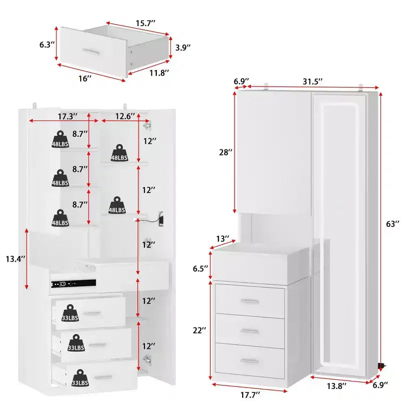 Mobile toeletta elegante Famapy con specchio LED a figura intera e cassetti divisori, mobile contenitore bianco/nero/rosa, organizer spazioso per il trucco in camera da letto
