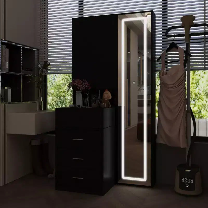 Mobile toeletta elegante Famapy con specchio LED a figura intera e cassetti divisori, mobile contenitore bianco/nero/rosa, organizer spazioso per il trucco in camera da letto