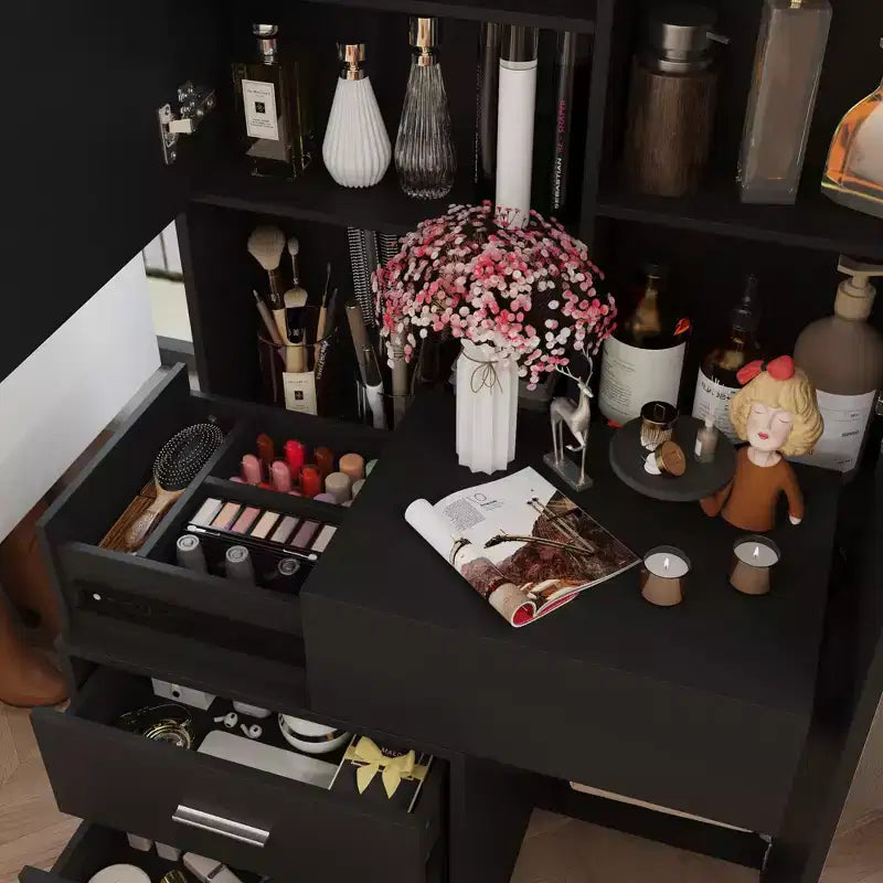 Mobile toeletta elegante Famapy con specchio LED a figura intera e cassetti divisori, mobile contenitore bianco/nero/rosa, organizer spazioso per il trucco in camera da letto