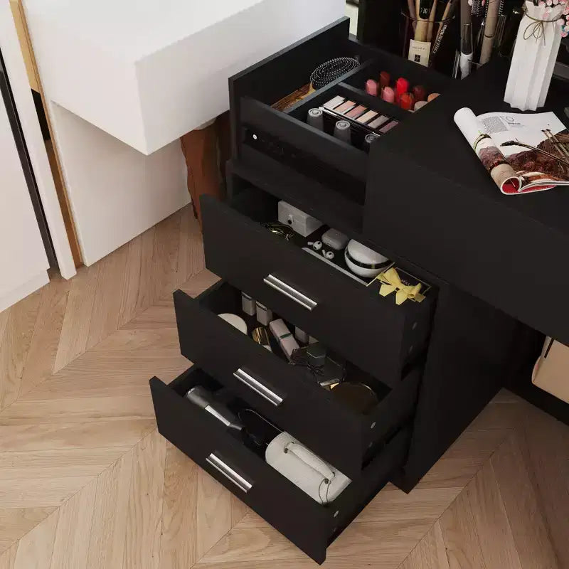 Mobile toeletta elegante Famapy con specchio LED a figura intera e cassetti divisori, mobile contenitore bianco/nero/rosa, organizer spazioso per il trucco in camera da letto