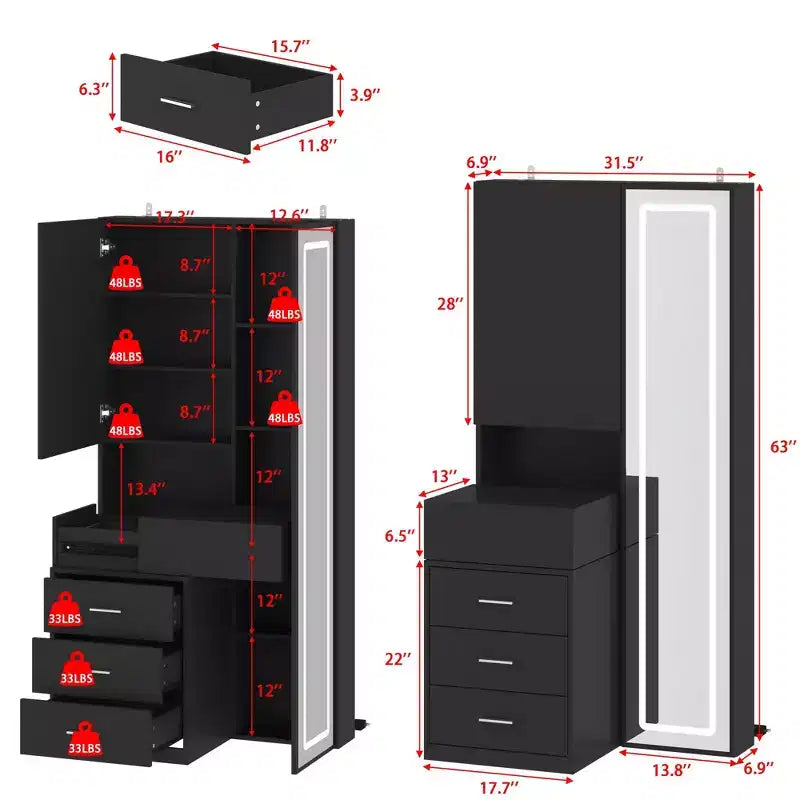 Mobile toeletta elegante Famapy con specchio LED a figura intera e cassetti divisori, mobile contenitore bianco/nero/rosa, organizer spazioso per il trucco in camera da letto