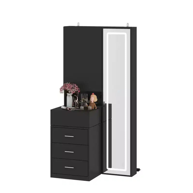 Mobile toeletta elegante Famapy con specchio LED a figura intera e cassetti divisori, mobile contenitore bianco/nero/rosa, organizer spazioso per il trucco in camera da letto
