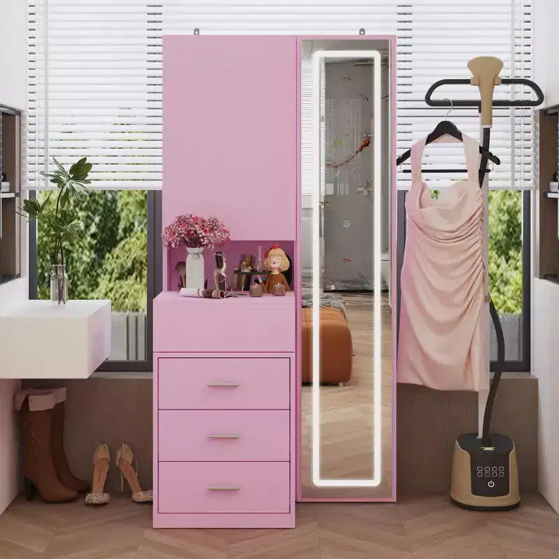 Mobile toeletta elegante Famapy con specchio LED a figura intera e cassetti divisori, mobile contenitore bianco/nero/rosa, organizer spazioso per il trucco in camera da letto