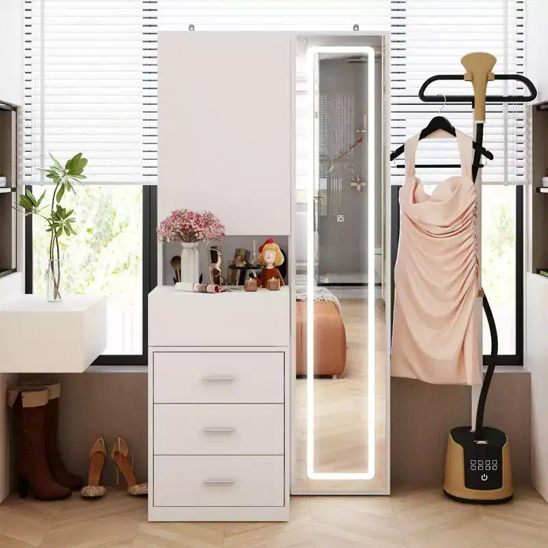 Mobile toeletta elegante Famapy con specchio LED a figura intera e cassetti divisori, mobile contenitore bianco/nero/rosa, organizer spazioso per il trucco in camera da letto
