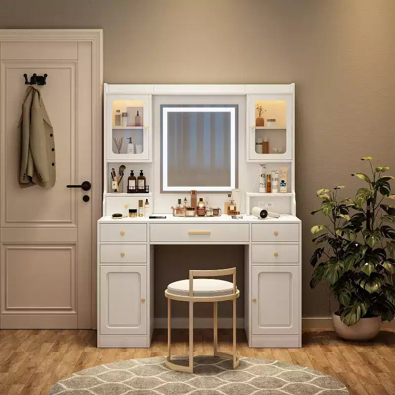 Makeup Vanity Desk Vanity Table Dressing Table with Mirror, 6 Drawers & Shelves, White - ModernLuxe