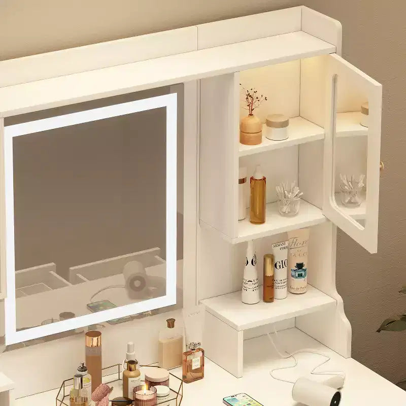 Toeletta da trucco con specchio, 6 cassetti e mensole, bianca - ModernLuxe