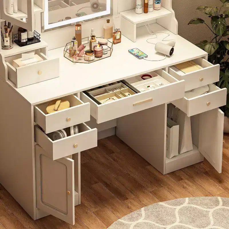 Toeletta da trucco con specchio, 6 cassetti e mensole, bianca - ModernLuxe