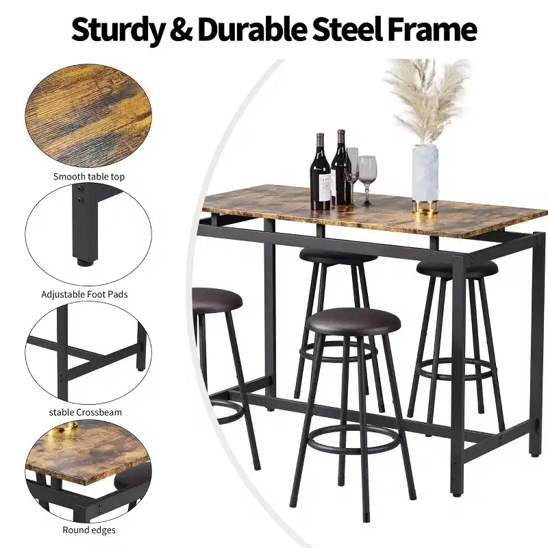 Set da 5 pezzi Homy Casa, tavolo da bar e sgabelli industriali, set da pranzo moderno ad altezza bancone, marrone rustico e nero
