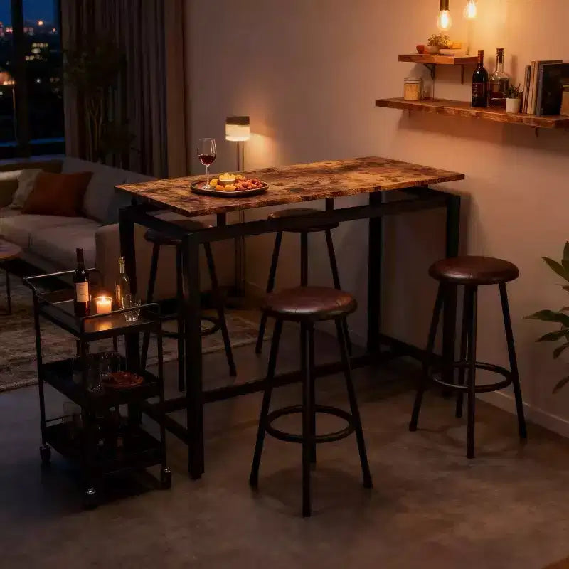 Set da 5 pezzi Homy Casa, tavolo da bar e sgabelli industriali, set da pranzo moderno ad altezza bancone, marrone rustico e nero